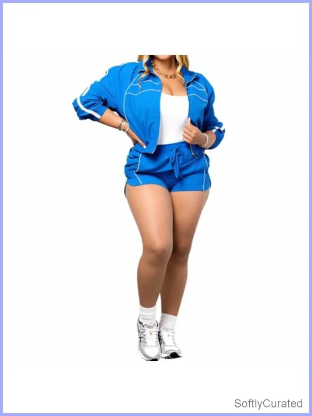 Women 2 Piece Tracksuit Long Sleeve Zip Up Cropped Jacket Matching Shorts